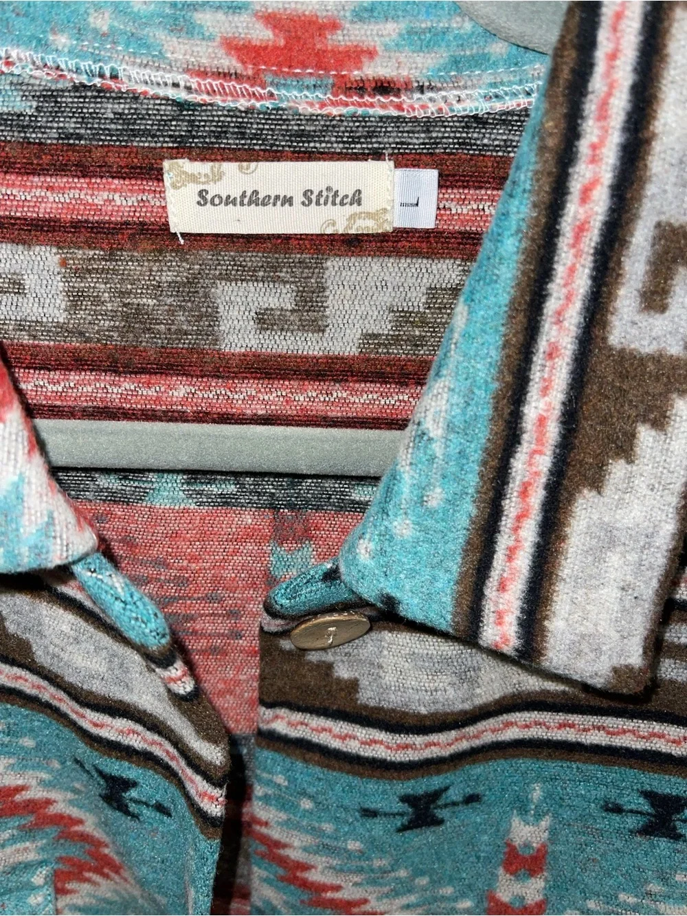 Southwest Pattern Teal Button-Up Sweater Jacket - Picture 2 of 4